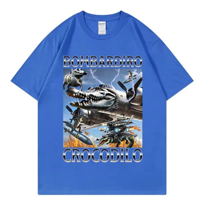 Person wearing q7 Bombardiro Crocodilo plane bomber graphic tee streetwear lifestyle look TeenStylo