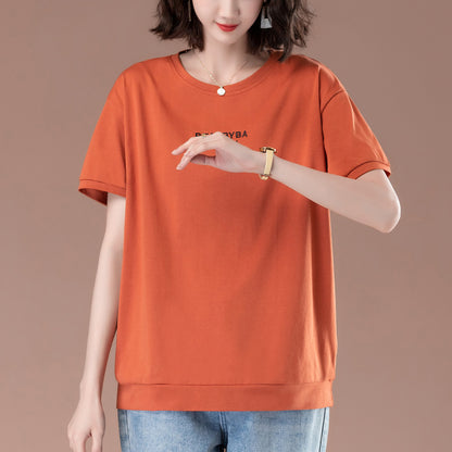 Orange red printed loose t-shirt detail view showing fabric texture and print design - TeenStylo