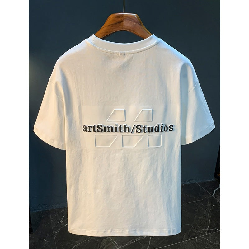 Black men's t-shirt 3D embossed print close-up detail streetwear fashion tee TeenStylo