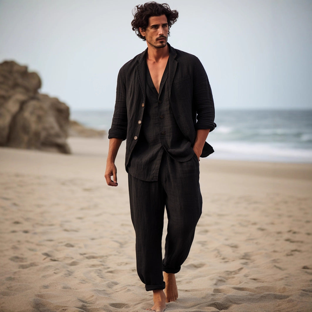 Man wearing black casual loose shirt and long pants two-piece set in lifestyle shot | TeenStylo