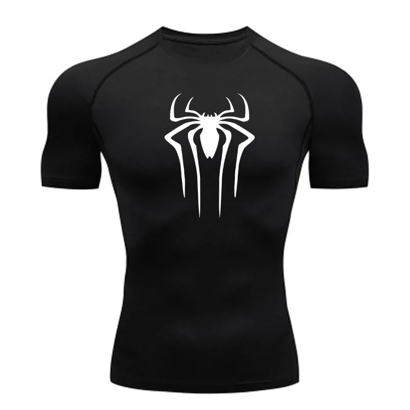 Men's compression gym shirt in blue superhero print, front view, fitness activewear streetwear style - TeenStylo