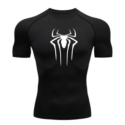 Men's compression gym shirt in blue superhero print, front view, fitness activewear streetwear style - TeenStylo