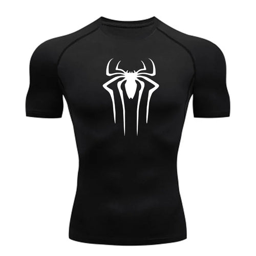 Men's compression gym shirt in blue superhero print, front view, fitness activewear streetwear style - TeenStylo