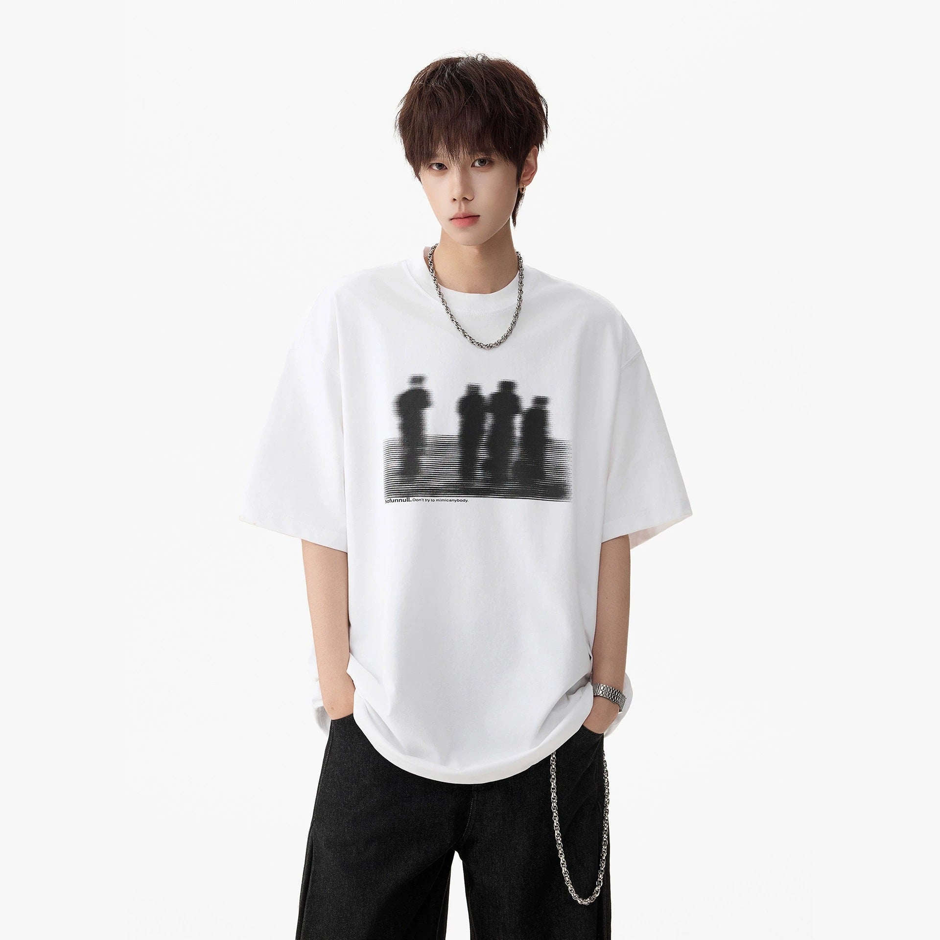 Men's printed white short sleeve T-shirt front view – Y2K streetwear style | TeenStylo