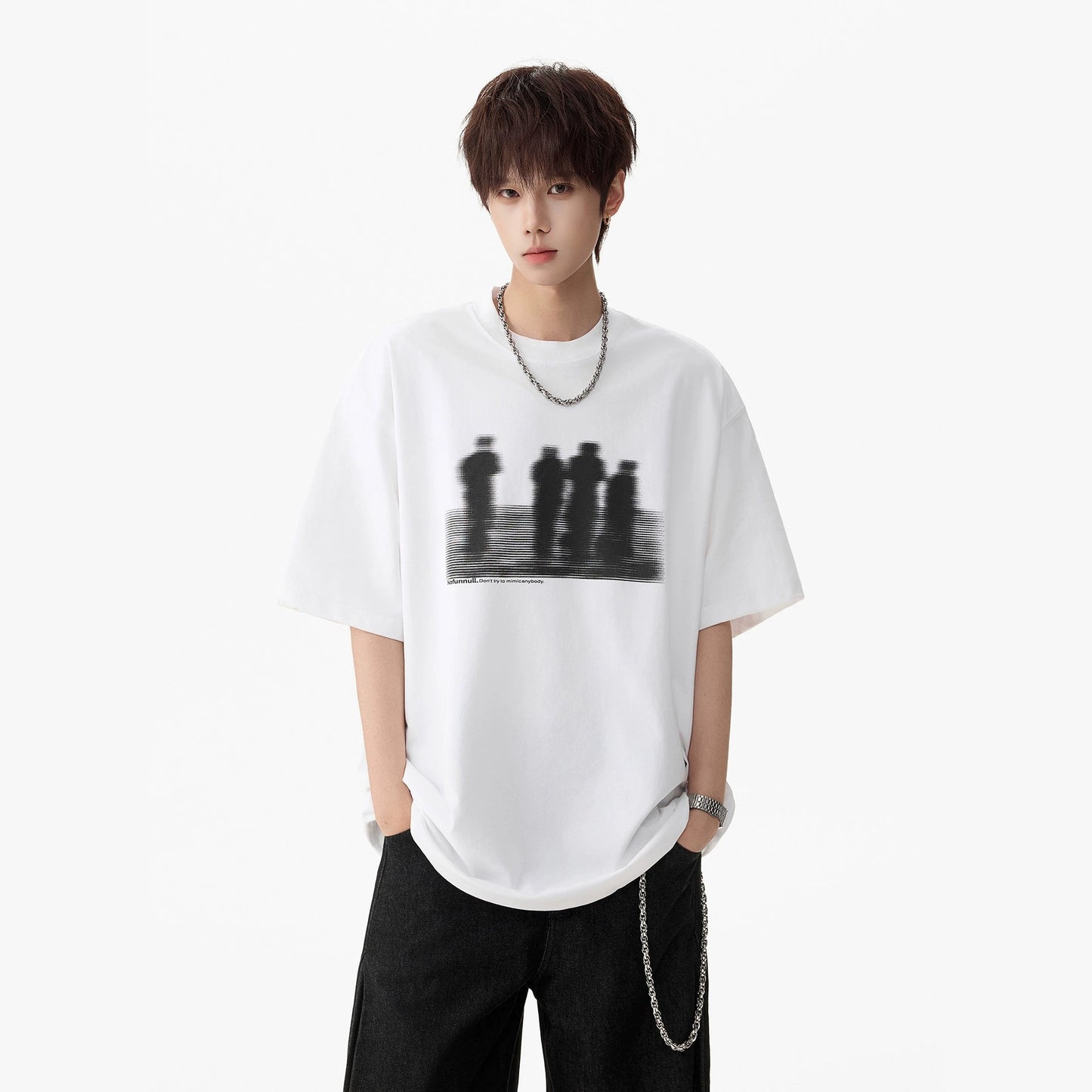 Men's printed white short sleeve t-shirt front view streetwear style TeenStylo