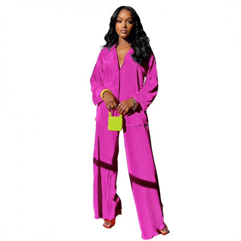 Rose red wide leg pants and long sleeve shirt set lifestyle look TeenStylo