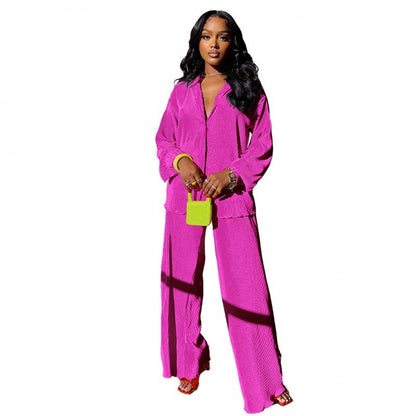 Rose red wide leg pants and long sleeve shirt set lifestyle look TeenStylo