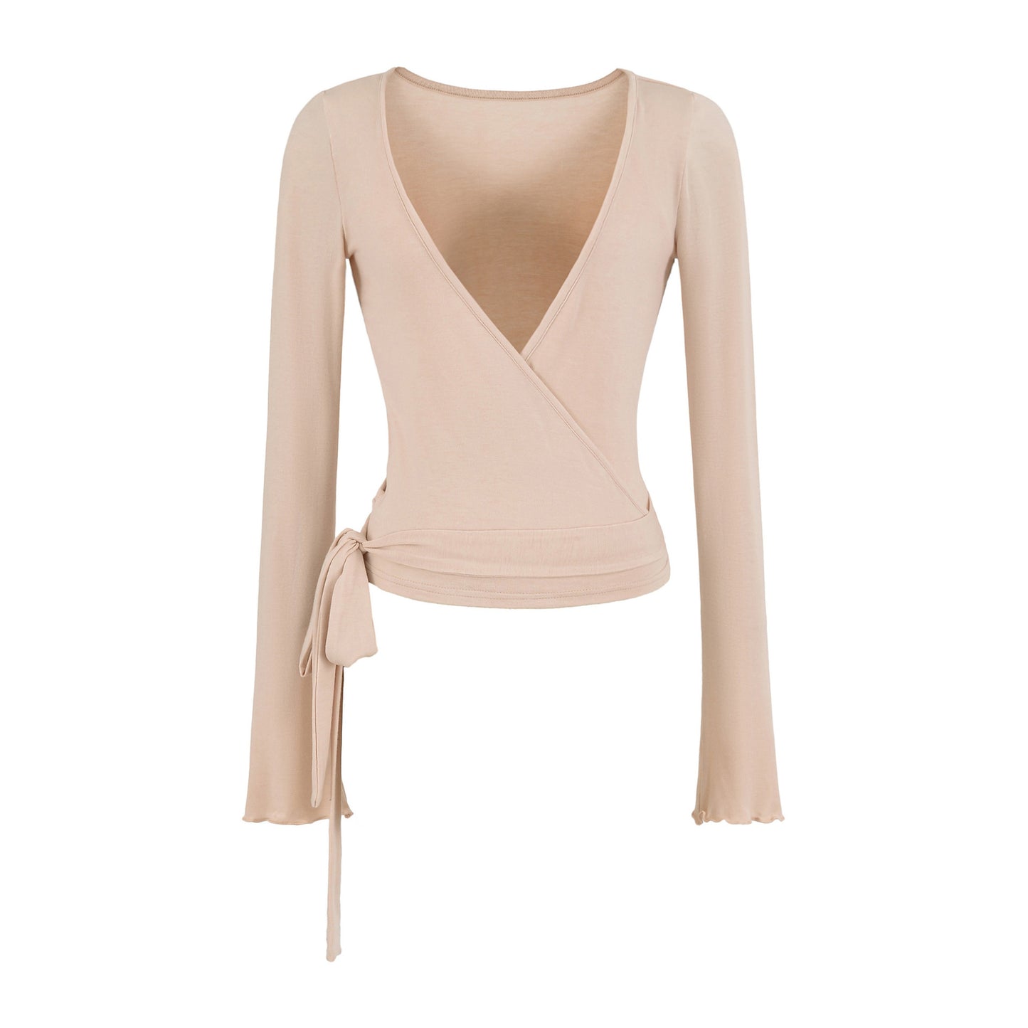 Pink unisex V-neck long sleeve T-shirt women lifestyle shot, Y2K streetwear style | TeenStylo