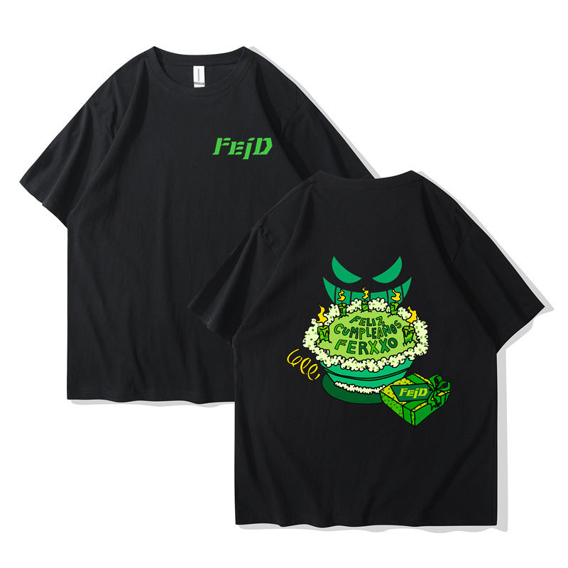 Black unisex Feliz Cumpleanos Ferxxo Tour graphic t-shirt streetwear style front view TeenStylo