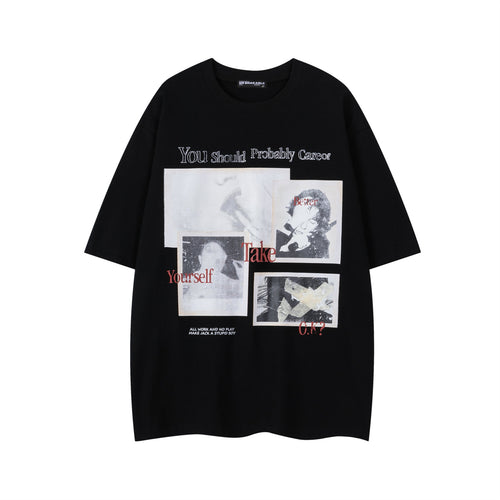 Black unisex streetwear graphic print short sleeve t-shirt front view | TeenStylo