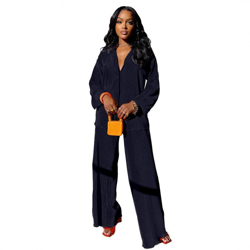 Black women's wide leg pants long sleeve shirt set lifestyle look TeenStylo
