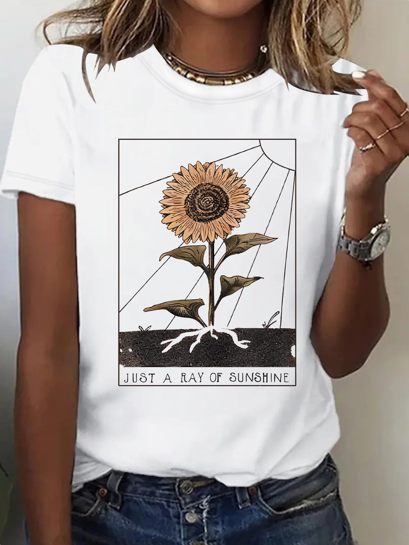 White women's short sleeve sunflower t-shirt lifestyle look – Y2K streetwear style at TeenStylo