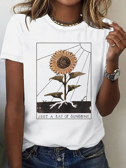White women's short sleeve sunflower t-shirt lifestyle look – Y2K streetwear style at TeenStylo