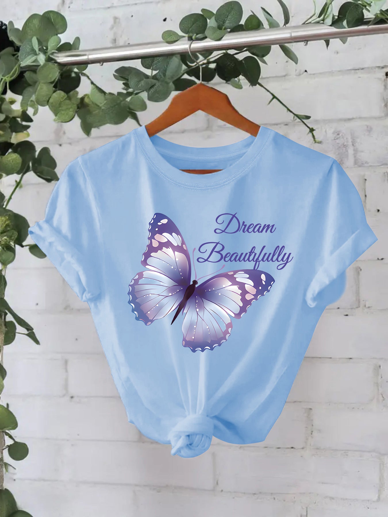 Sky blue women's butterfly print short sleeve T-shirt lifestyle style at TeenStylo