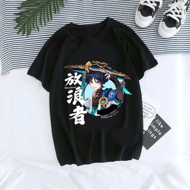 Genshin Impact Unisex Graphic Tee Kawaii Hu Tao Xiao Design Close-Up Detail View | TeenStylo