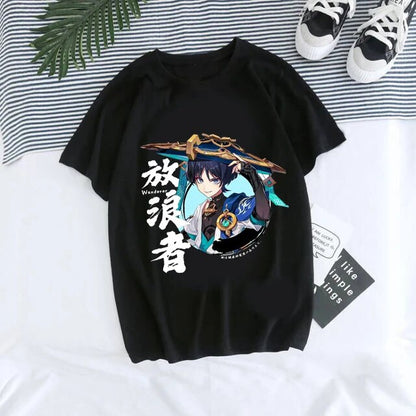 Genshin Impact Unisex Graphic Tee Kawaii Hu Tao Xiao Design Close-Up Detail View | TeenStylo
