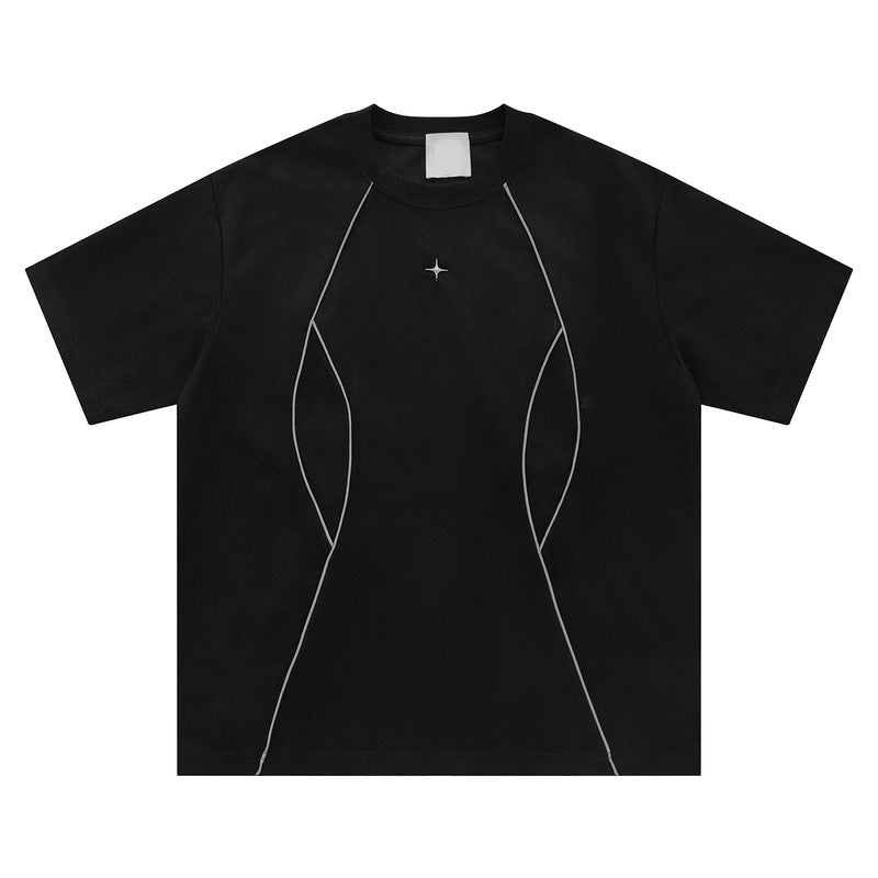 Men's apricot Blockcore short sleeve tee lifestyle shot, Y2K streetwear style at TeenStylo