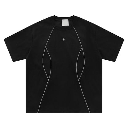 Men's apricot Blockcore short sleeve tee lifestyle shot, Y2K streetwear style at TeenStylo