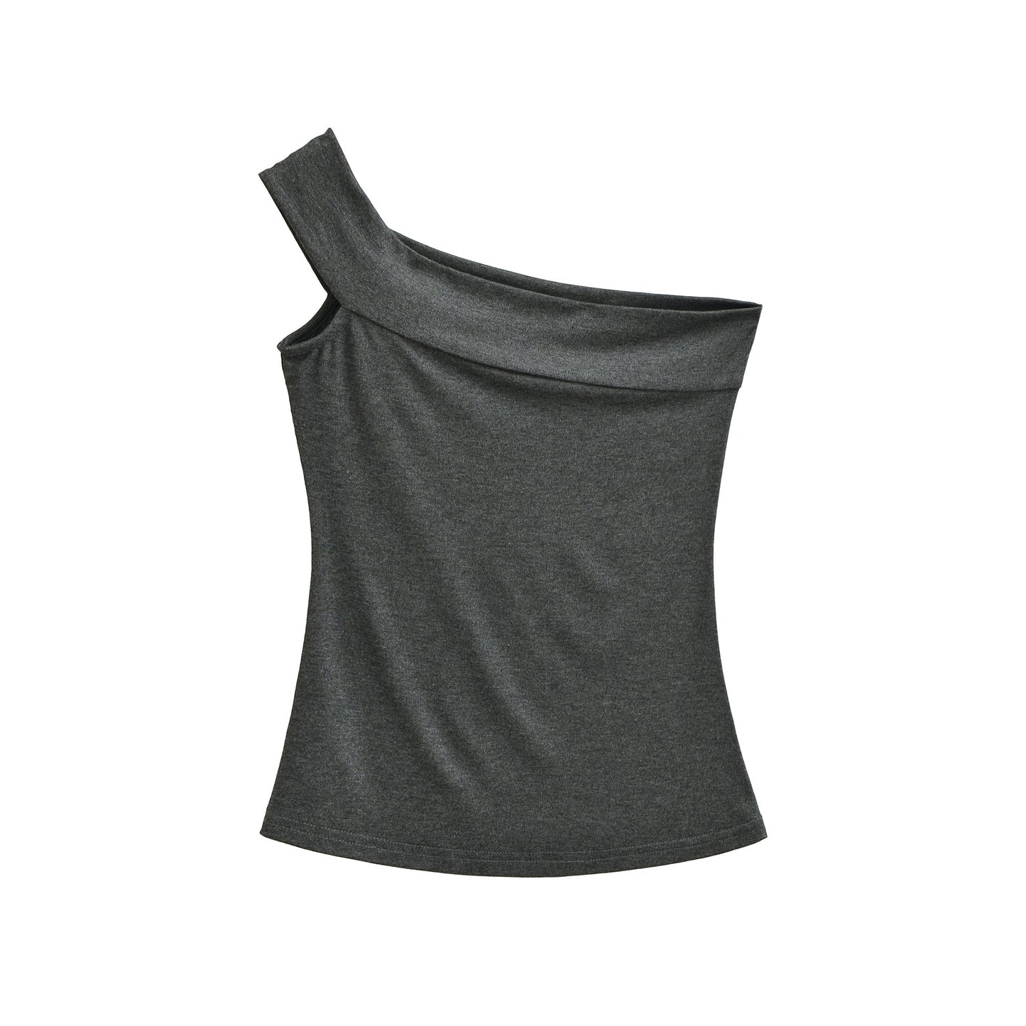 Gray women's sleeveless diagonal neck T-shirt styled in Y2K streetwear lifestyle look | TeenStylo