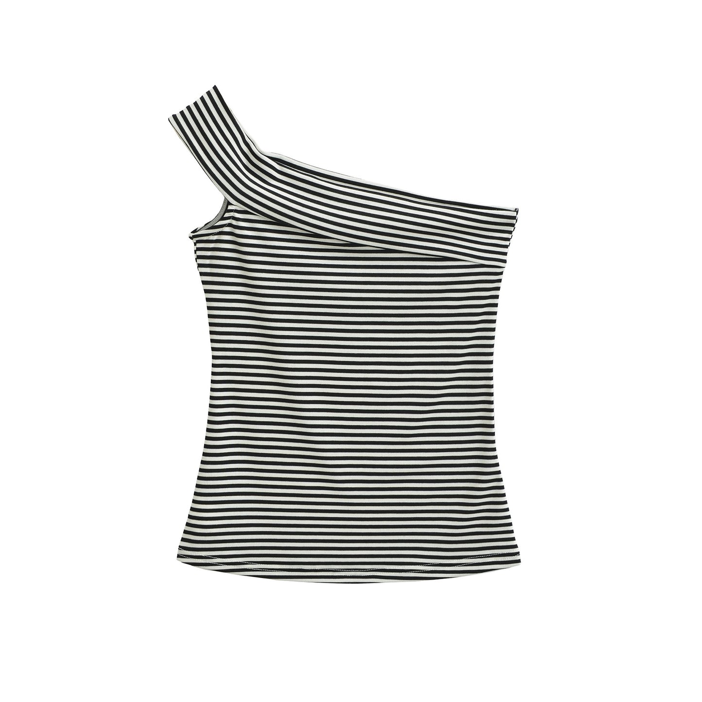 Close-up detail of women's striped sleeveless diagonal neck T-shirt Y2K streetwear style | TeenStylo
