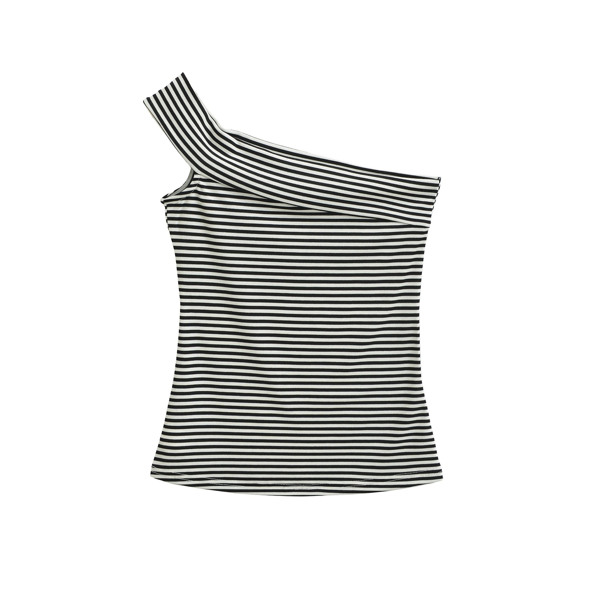 Close-up detail of women's striped sleeveless diagonal neck T-shirt Y2K streetwear style | TeenStylo