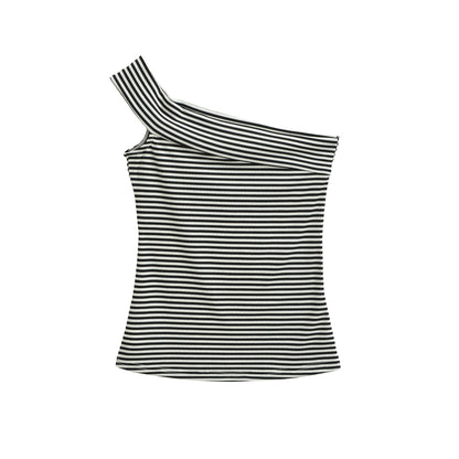 Close-up detail of women's striped sleeveless diagonal neck T-shirt Y2K streetwear style | TeenStylo