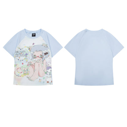 Blue unisex round neck short sleeve T-shirt lifestyle shot - Y2K streetwear style | TeenStylo