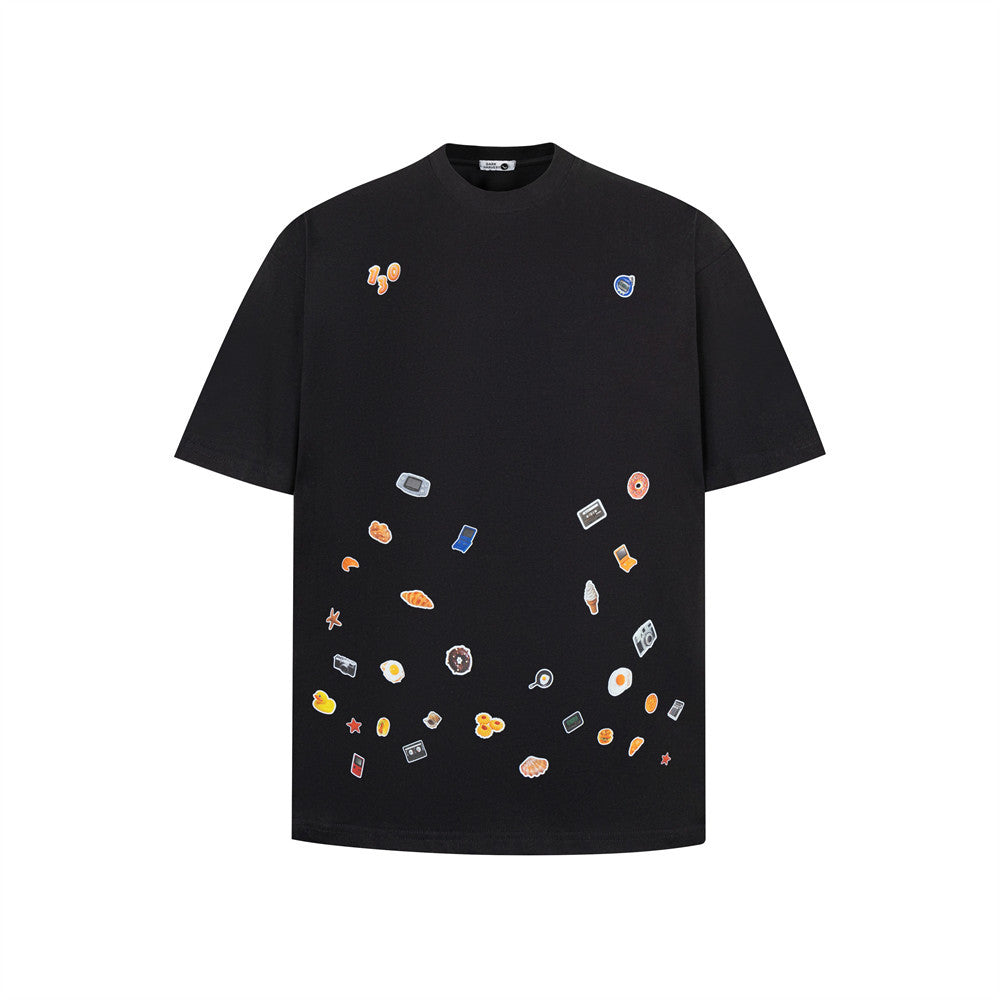 Black cartoon sticker print short sleeve t-shirt lifestyle shot for teen streetwear fashion at TeenStylo