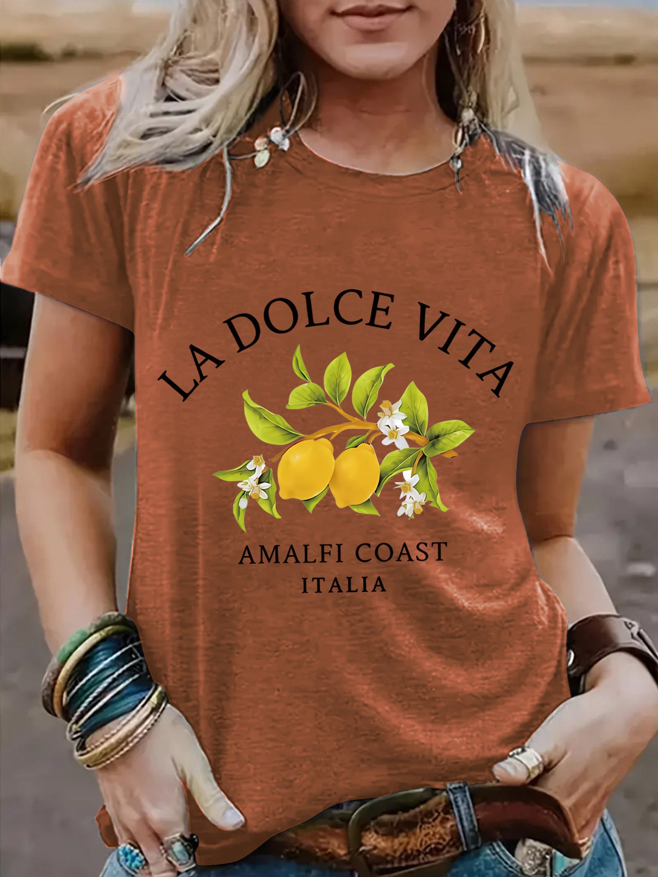 Rusty red La Dolce Vita Lemon unisex T-shirt lifestyle shot for women streetwear fashion at TeenStylo