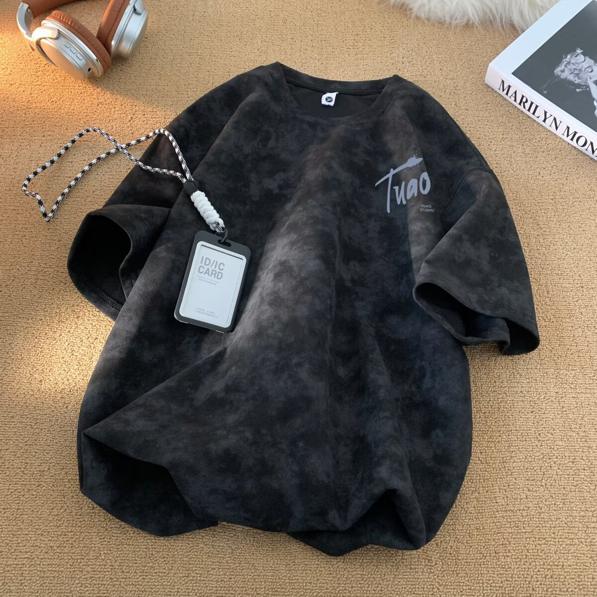 Gray tie-dye short sleeve t-shirt for men, front view, Y2K streetwear style - TeenStylo