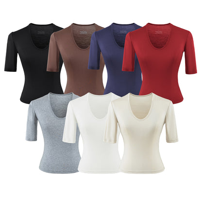 Light gray women's U-neck mid sleeve T-shirt back view, Y2K streetwear style | TeenStylo