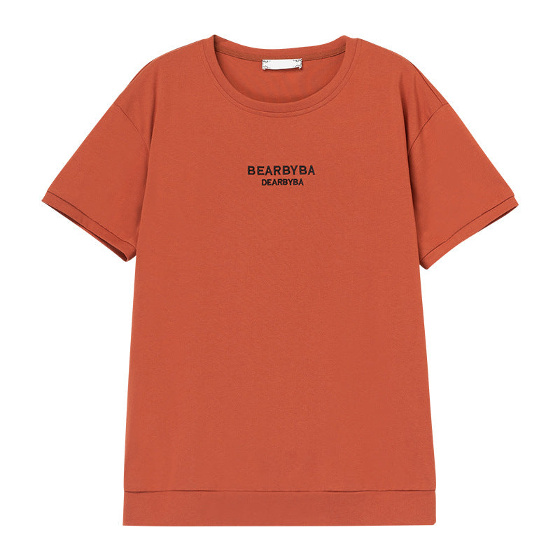 Orange red loose printed short sleeve t-shirt for women, unisex streetwear front view - TeenStylo
