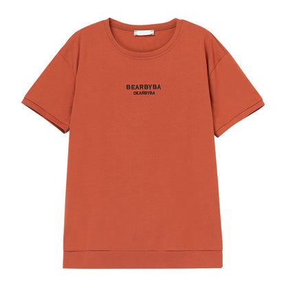 Orange red loose printed short sleeve t-shirt for women, unisex streetwear front view - TeenStylo