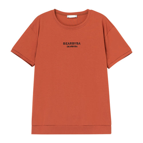Orange red loose printed short sleeve t-shirt for women, unisex streetwear front view - TeenStylo