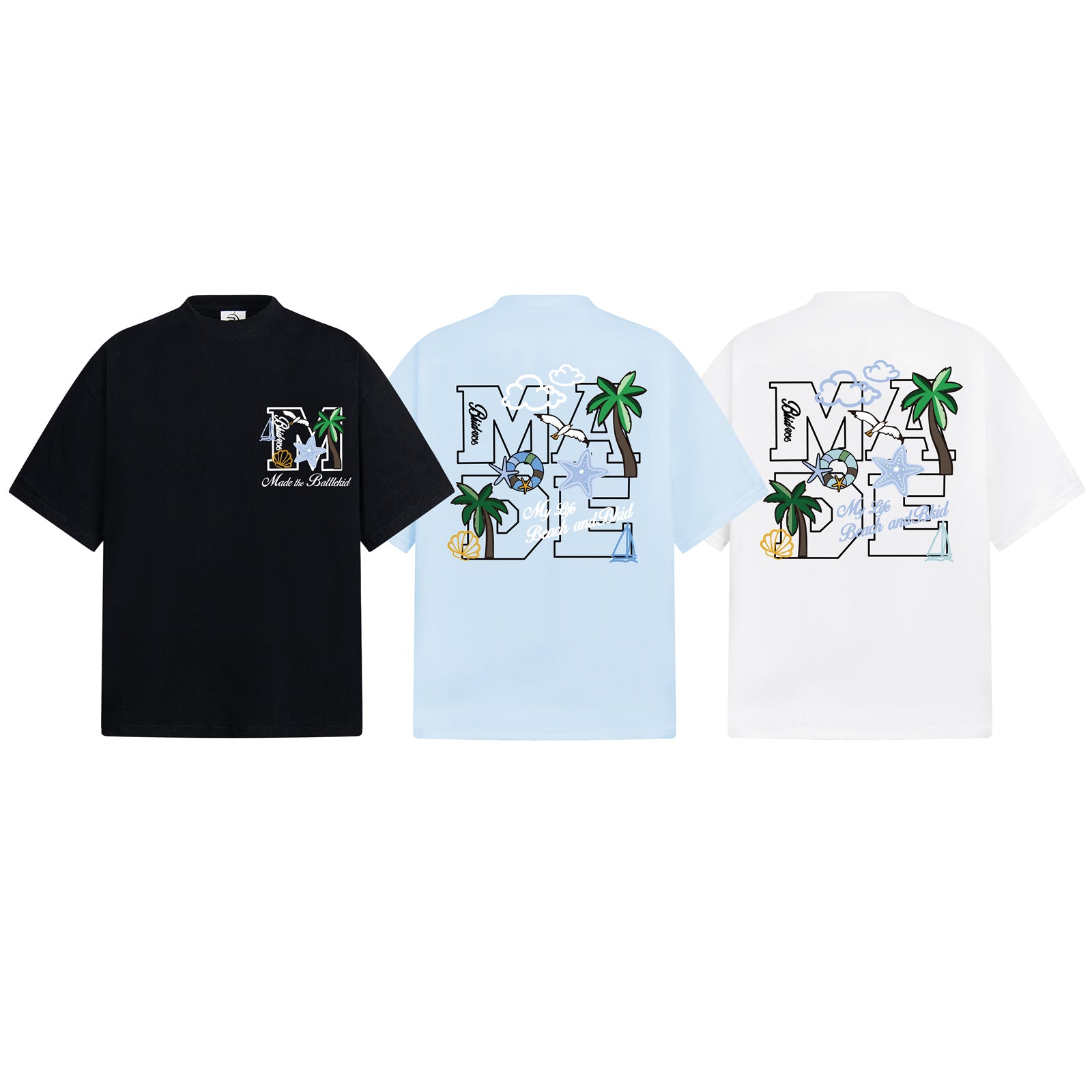 Blue palm tree embroidery detail on men's pure short sleeve t-shirt streetwear style TeenStylo
