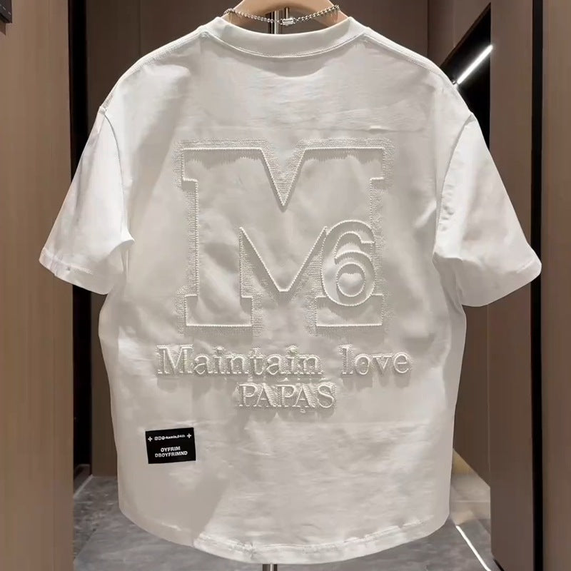 White men's designer letter M embroidered half top lifestyle shot TeenStylo