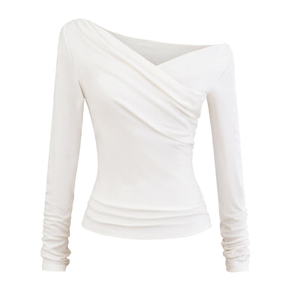 White unisex diagonal collar long sleeve T-shirt lifestyle look – Y2K streetwear fashion | TeenStylo