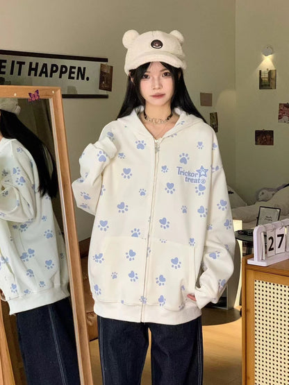 Apricot lightweight unisex camo dog paw print hooded zip-up sweatshirt jacket lifestyle shot TeenStylo