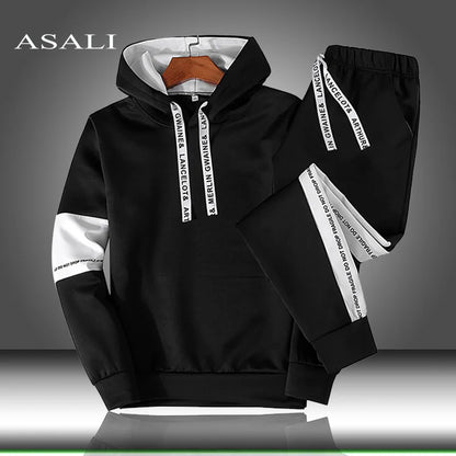 Men's white tracksuit set lifestyle shot with hooded sweatshirt, Y2K streetwear style - TeenStylo