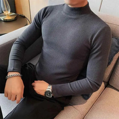 Mens Turtleneck Long Sleeve T Shirt Autumn Winter Slim Fit Casual Striped High Quality Top