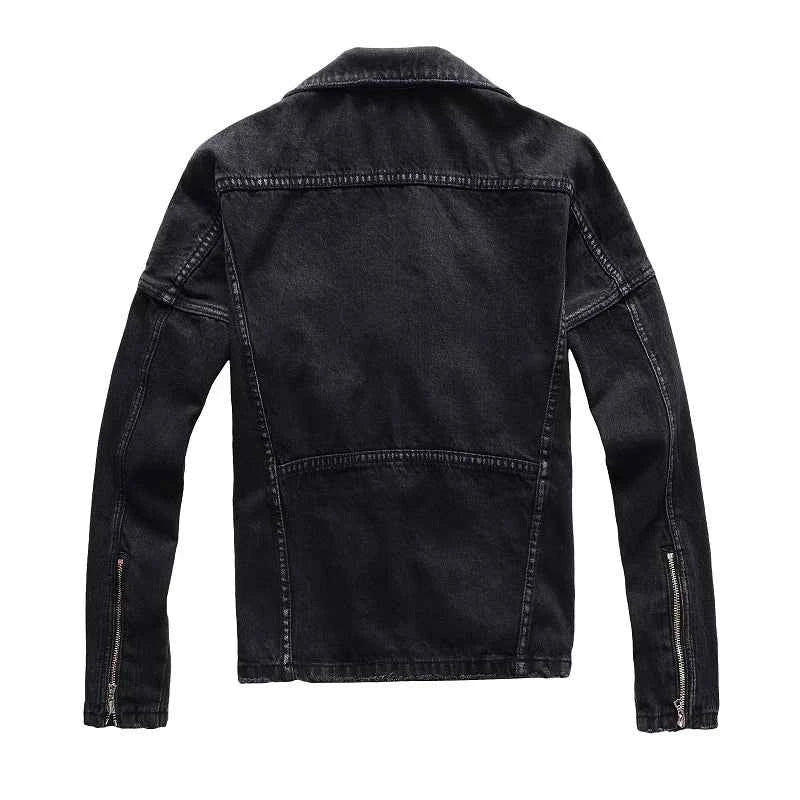 Sokotoo Mens Black Zippers Biker Jean Jacket Streetwear Thick Denim Slim Coat With Belt High Quality