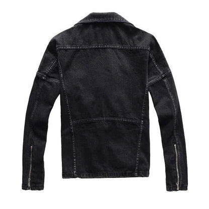 Sokotoo Mens Black Zippers Biker Jean Jacket Streetwear Thick Denim Slim Coat With Belt High Quality