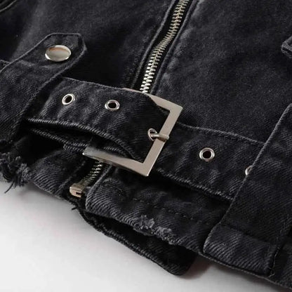 Sokotoo Mens Black Zippers Biker Jean Jacket Streetwear Thick Denim Slim Coat With Belt High Quality