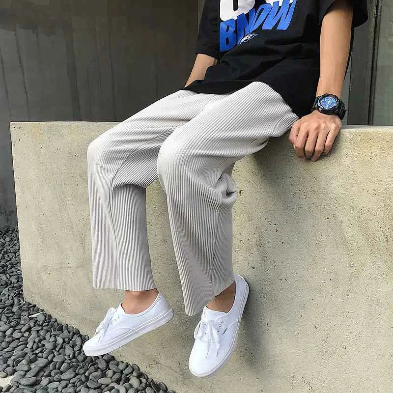 Pleated Men Asian Size Summer Casual Wide Leg Ice Silk Pants Loose Japanese Streetwear Trousers