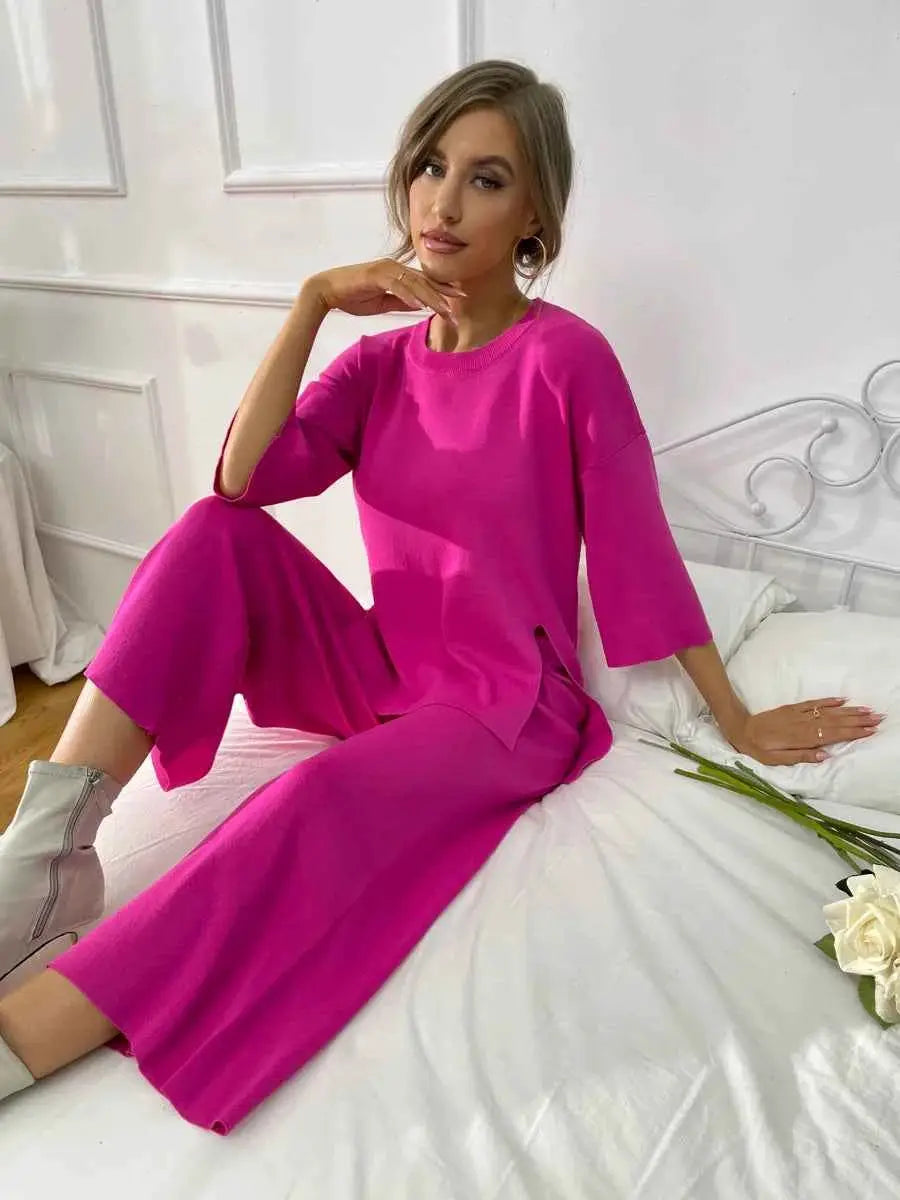 Summer Tracksuit Women Two Piece Set Side Slit Knitwear Casual Knitted Outfit 2024