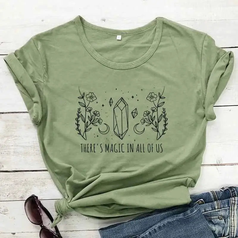 There Is Magic In All Of Us T Shirt Aesthetic Crystal Moon Wiccan Graphic Tee For Women Vintage Short Sleeve Witch Top