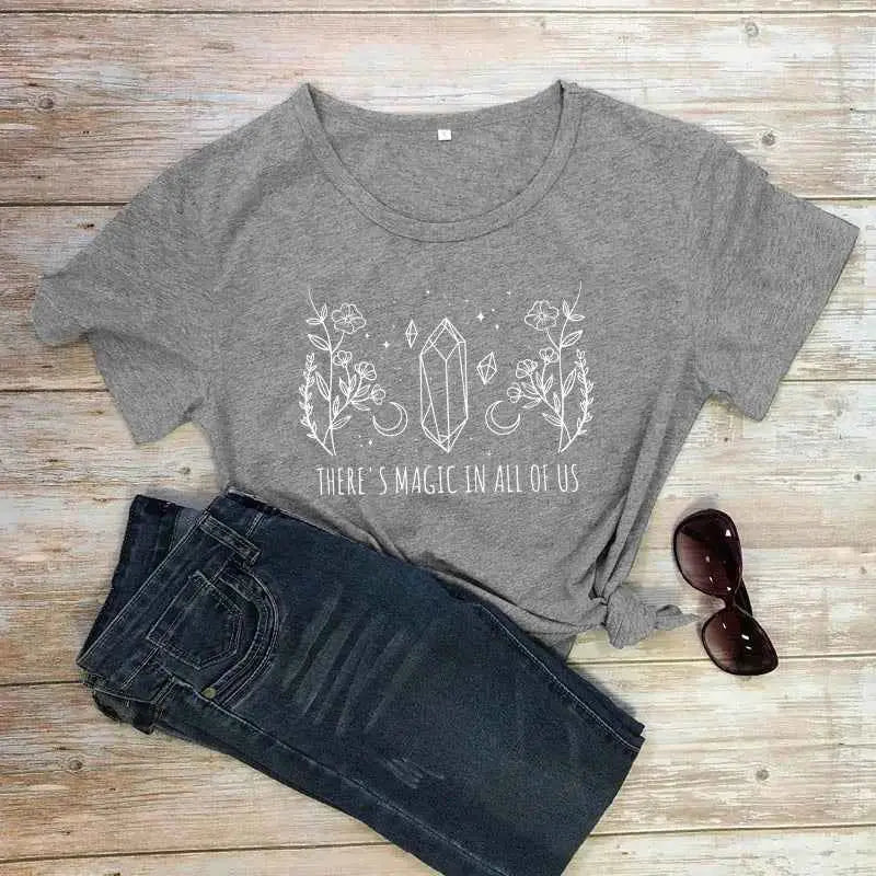 There Is Magic In All Of Us T Shirt Aesthetic Crystal Moon Wiccan Graphic Tee For Women Vintage Short Sleeve Witch Top