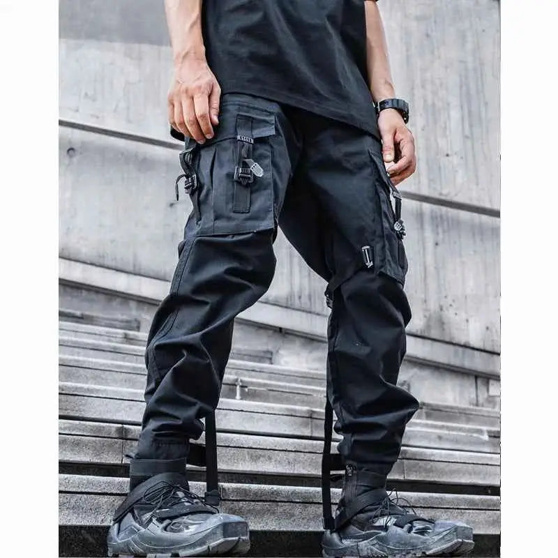 Tactical Functional Cargo Pants For Men With Ribbon Design Black Multi Pocket Techwear Joggers Streetwear Trousers WB351