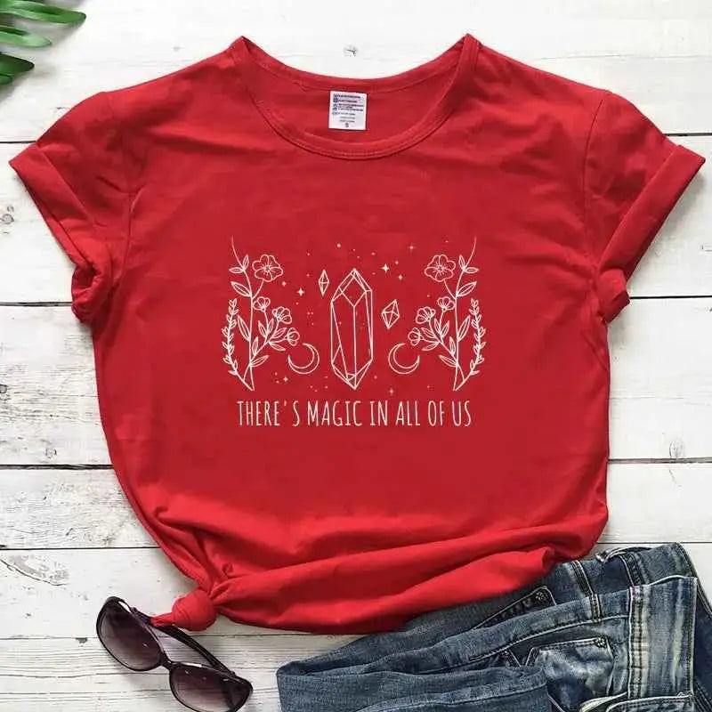 There Is Magic In All Of Us T Shirt Aesthetic Crystal Moon Wiccan Graphic Tee For Women Vintage Short Sleeve Witch Top