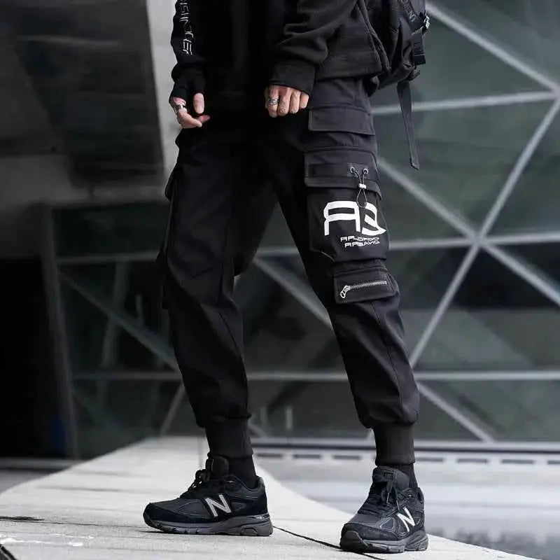 Men Cargo Joggers With Ribbons Pockets Harajuku Streetwear Sweatpants Hip Hop Trousers